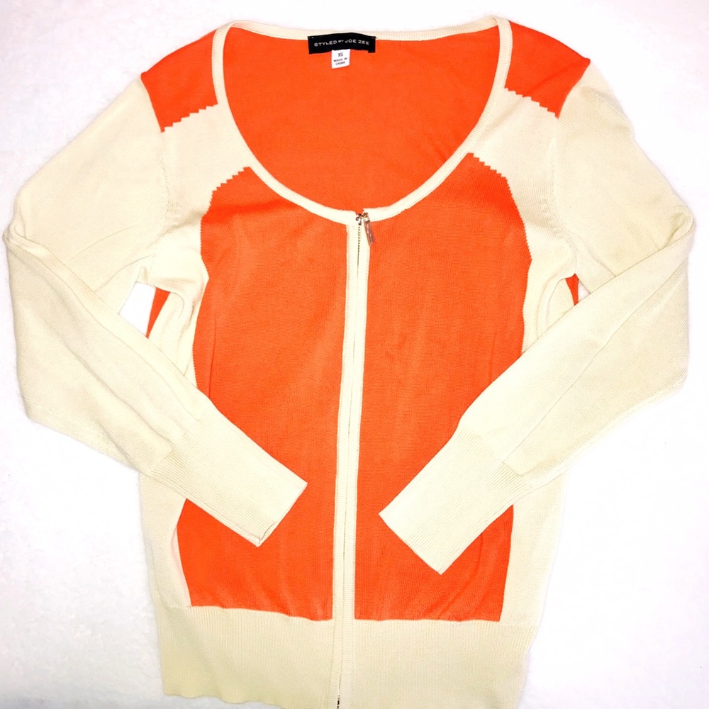 Orange & Beige ColorBlock Zip Cardigan - Picture 2 of 4